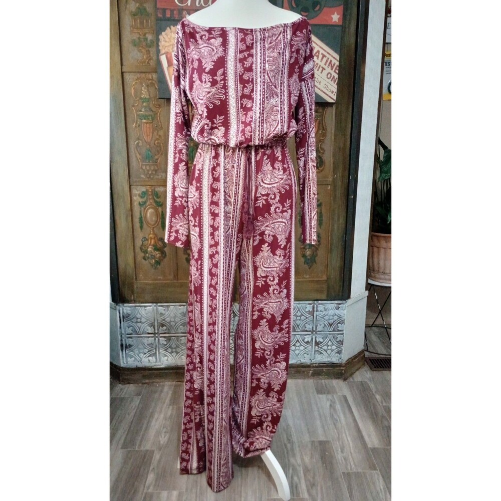 Adora Burgundy/White Paisley Long Sleeve Wide-Leg Jumpsuit Sz M Tassel